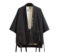 Samurai Camicia Uomo Kimono Giapponese con Ricamo 3/4 Maniche Grandi Taglia Ninja Top Giappone Happi Haori Giacca mezza stagione Giacca a tre quarti Manica Maglietta con Tasche Estate Harajuku Top