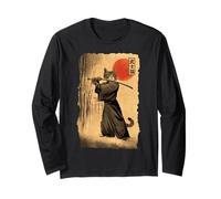 Samurai Cat Anime Japanese Art Funny Graphic Ukiyo-e Art Maglia a Manica