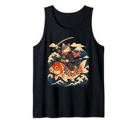 Samurai Cat Equitazione Koi Anime Guerriero Giapponese Arte Canotta
