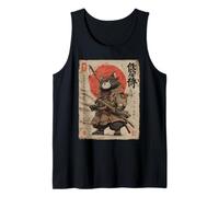 Samurai Cat Giappone Woodblock Warrior Vintage Chibi Art Canotta