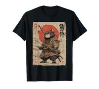 Samurai Cat Giappone Woodblock Warrior Vintage Chibi Art Maglietta