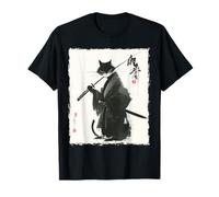 Samurai Cat Ink Art Japanese Warrior Minimal Design Maglietta