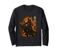 Samurai Cat Riding Dinosaur Giapponese Gatto Nero Kanji Maglia a Manica