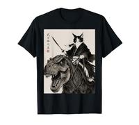 Samurai Cat Riding T Rex Spada Down Close Up Design Maglietta