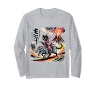 Samurai Cat Riding T-rex Volcano Japan Vintage Art Maglia a Manica