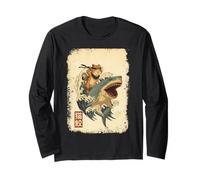 Samurai Cat Shirt - Retro Ninja Japanese Cat Shark Kanagawa Maglia a Manica