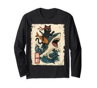Samurai Cat Shirt - Retro Ninja Japanese Cat Shark Kanagawa Maglia a Manica