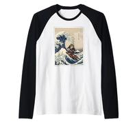 Samurai Cat Surf La Grande Onda off Kanagawa Ukiyo-e Art Maglia con Maniche Raglan