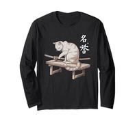 Samurai Cat Vintage Ukiyo-e Warrior Kanji Giappone Anime Ink Maglia a Manica