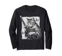 Samurai Cat Vintage Ukiyo-e Warrior Kanji Giappone Anime Ink Maglia a Manica