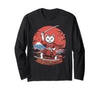 Samurai Cat Vintage Ukiyo-e Warrior Kanji Giappone Anime Ink Maglia a Manica