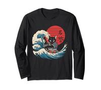 Samurai Cat Vintage Ukiyo-e Warrior Kanji Giappone Anime Ink Maglia a Manica