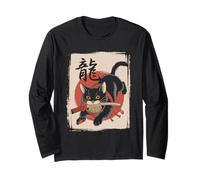 Samurai Cat Vintage Ukiyo-e Warrior Kanji Giappone Anime Ink Maglia a Manica