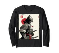 Samurai Cat Warrior Ink Opera d'Arte Kawaii Anime Cat Samurai Maglia a Manica