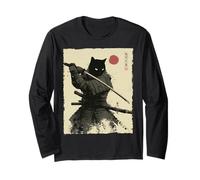 Samurai Cat Warrior Ink Opera d'Arte Kawaii Anime Cat Samurai Maglia a Manica