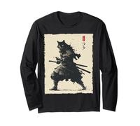 Samurai Cat Warrior Ink Opera d'Arte Kawaii Anime Cat Samurai Maglia a Manica