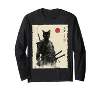 Samurai Cat Warrior Ink Opera d'Arte Kawaii Anime Cat Samurai Maglia a Manica