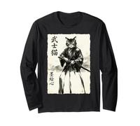 Samurai Cat Warrior Japanese Art Feline Katana Maglia a Manica
