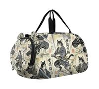 Samurai Cat Warrior - Piccola borsa da palestra giapponese con scomparto per scarpe, leggera, borsa da viaggio per ragazzi e ragazze