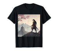 Samurai Cat Warrior Sotto Cherry Blossom Sky Maglietta
