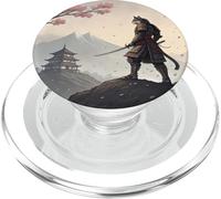 Samurai Cat Warrior Sotto Cherry Blossom Sky PopSockets PopGrip per MagSafe