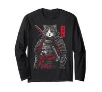 Samurai Cat Warrior Ukiyo Ink Artwork Soldato Cat Samurai Maglia a Manica