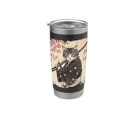 Samurai Cat Warrior Vintage giapponese Ukiyo-e Blossom Albero Bicchiere termico in acciaio inox doppia parete