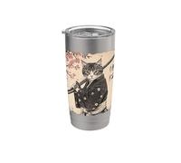 Samurai Cat Warrior Vintage giapponese Ukiyo-e Blossom Albero Bicchiere termico in acciaio inox doppia parete