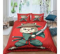 samurai cat warriorSet Di Copripiumino microfibra 3 Pezzi stampa di 3D cerniera nascosta cartoon ninja style copripiumino con federa soffice ultra morbido e traspirante for bambini Double（200x200cm）