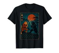 Samurai Gatto Duello Guerriero Giapponese Due Gatti Ukiyo-e Vintage Maglietta