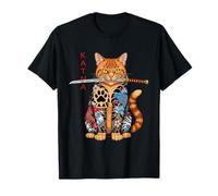 Samurai Giapponese Ninja Cat Kawaii Tatuaggio Grafico Maglietta