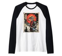 Samurai Giapponese Scheletro Alieno UFO Vintage Ukiyo-e Art Maglia con Maniche Raglan