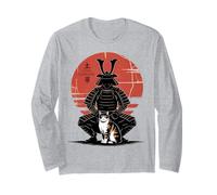 Samurai inginocchiato Davanti al Gatto Giapponese Red Sun Art Maglia a Manica