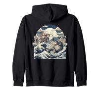 Samurai Ninja Cat vs Dragon Monster Great Wave Arte Giapponese Felpa con Cappuccio
