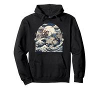 Samurai Ninja Cat vs Dragon Monster Great Wave Arte Giapponese Felpa con Cappuccio