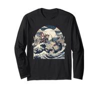 Samurai Ninja Cat vs Dragon Monster Great Wave Arte Giapponese Maglia a Manica