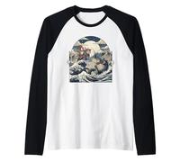 Samurai Ninja Cat vs Dragon Monster Great Wave Arte Giapponese Maglia con Maniche Raglan