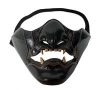 Samurai Oni Maschera Mezza Viso con Zanne Dorate in Lattice Halloween | Maschera per adulti da samurai per uomini e donne, maschera nera da guerriero fantasma diavolo, maschera horror