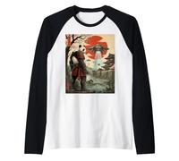 Samurai Panda UFO Alien Invasione Giapponese Ukiyo-e Maglia con Maniche Raglan