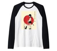 Samurai Ragazza con Gatto Cool Anime Maglia con Maniche Raglan