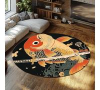Samurai Round Carpet Tappeto 120cm circolari antiscivolo Katana Koi fish Warrior Sword Arte dei tatuaggi Tappetino pieghevole Large a pelo basso sottile per camera da letto Studio d