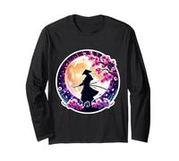 Samurai Silhouette Moonlight Cherry Blossoms Ninja Giapponese Maglia a Manica
