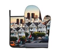 San Francisco - Set di 2 guanti da forno e presine, guanti lunghi e flessibili spessi per cucinare, grigliare