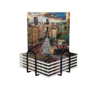San Francisco - Set di 6 sottobicchieri quadrati in ceramica assorbente, con supporto in metallo nero, decorazione per casa e ufficio
