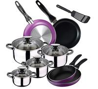 San Ignacio 13 Pezzi COLLEZIONE Laredo Batteria da Cucina 4 Pentole con Coperchi in Vetro e Set 4 padelle 16/20/24/28 cm, più spatola Regalo, Acciaio Inossidabile, Alluminio Pressato/Nylon, Viola