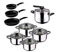 San Ignacio - Batteria da Cucina, 4 pentole, 4 coperchi in Vetro, 1 pentola a Pressione da 5 Litri e 3 padelle 16/20/24 cm, Acciaio Inossidabile, induzione