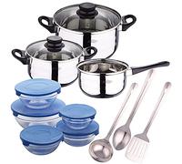SAN IGNACIO Energy Set, Set di 5 pentole (3 corpi e 2 coperchi in vetro) + set 3 utensili da cucina in acciaio inox, cromato + set 5 ciotole in vetro con 5 coperchi in blu