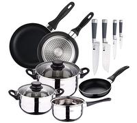 San Ignacio PK331 - Set di 3 padelle + batteria da cucina 5 pezzi + set di coltelli, cromato