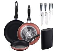 San Ignacio Set 3 padelle Ø16/20/24 cm, alluminio pressato, adatte per induzione + set 4 coltelli da cucina: chef, Santoku, pelapatate e muliusi, manico in silicone, PK3384
