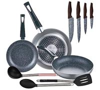 San Ignacio Set 3pc padella (16+20+24cm) alluminio pressato, induzione, nero Soul Marble con set 3pc utensili da cucina nylon con set 4pc coltelli acciaio inossidabile